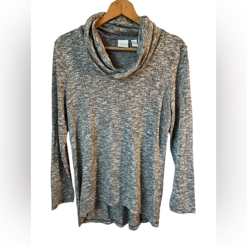Chico's Cowl Neck Sweater size 1 Medium Gray Gold Metallic Holiday career